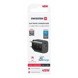 SWISSTEN SÍŤOVÝ ADAPTÉR EDGE GaN 1x USB-C PD 45W + 1x USB-A 18W QC ČERNÝ