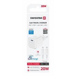 SWISSTEN SÍŤOVÝ ADAPTÉR GaN 1x USB-C 20W POWER DELIVERY BÍLÝ + DATOVÝ KABEL USB-C/USB-C 1,2 M BÍLÝ