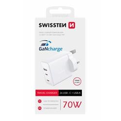 SWISSTEN SÍŤOVÝ ADAPTÉR GaN 2x USB-C + 1x USB 70W pro UK zásuvku