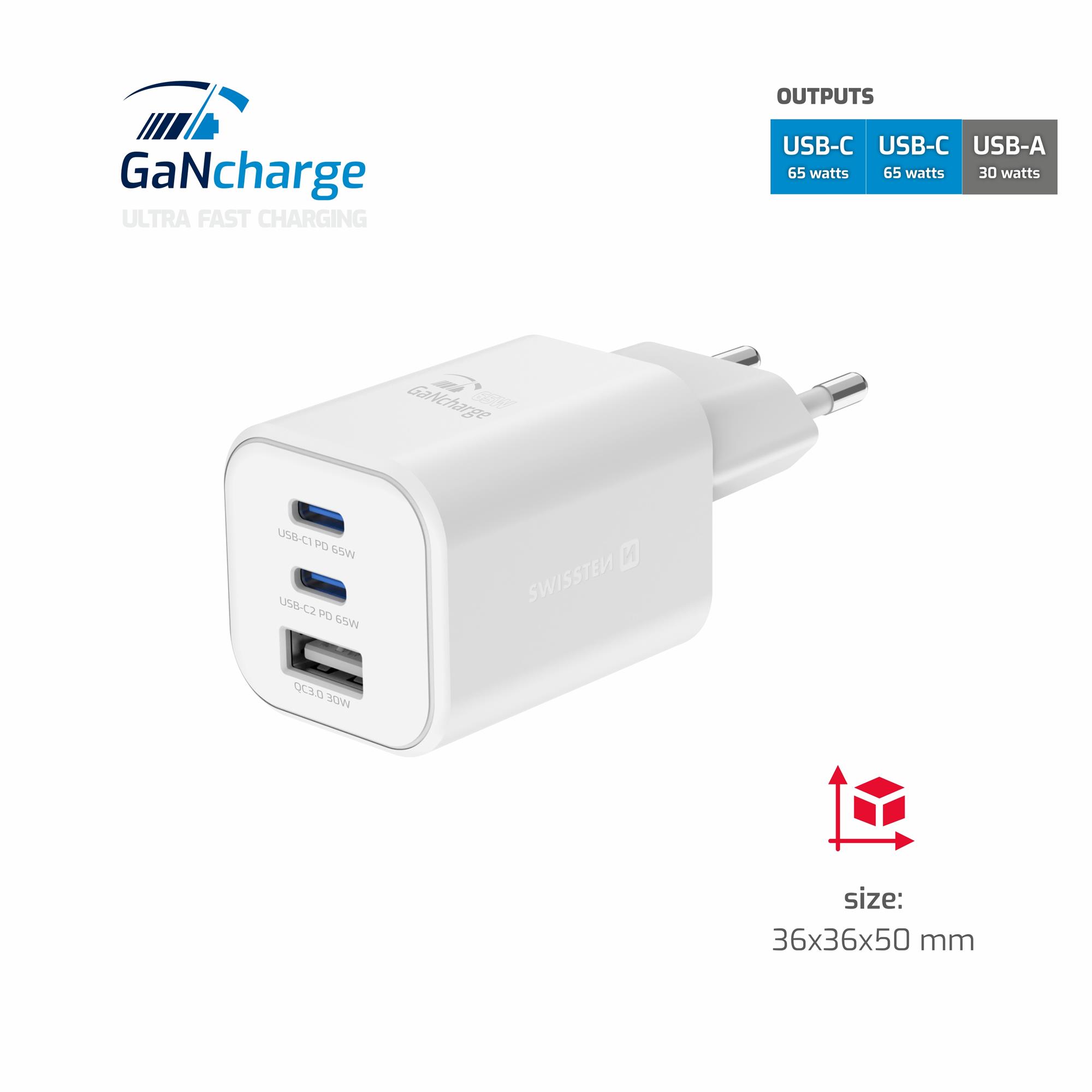 SWISSTEN SÍŤOVÝ ADAPTÉR GaN 2x USB-C 65W PD + 1x USB-A 30W QC BÍLÝ