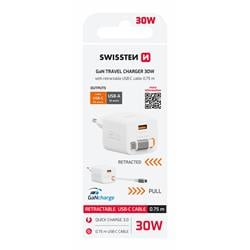 SWISSTEN SÍŤOVÝ ADAPTÉR SlideCHARGE GaN 30W, 1x USB-A 18W SE ZATAHOVACÍM USB-C KABELEM 0.75 M BÍLÝ