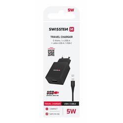 SWISSTEN SÍŤOVÝ ADAPTÉR SMART IC 1x USB 1A POWER + DATOVÝ KABEL USB / TYPE C 1,2 M ČERNÝ