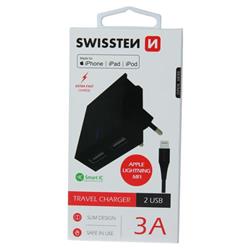 SWISSTEN síťový adaptér Smart IC 2x USB 3A + datový kabel USB / Lightning MFi 1,2 M černý