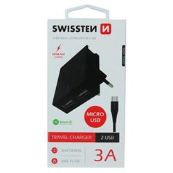 SWISSTEN Síťový Adaptér Smart IC 2x USB 3A + Datový Kabel USB/Micro USB 1,2 m černý