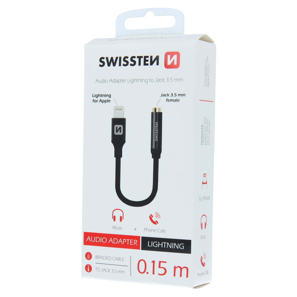 Swissten Textile audio adaptér Lightning/Jack 0,15 m, černý