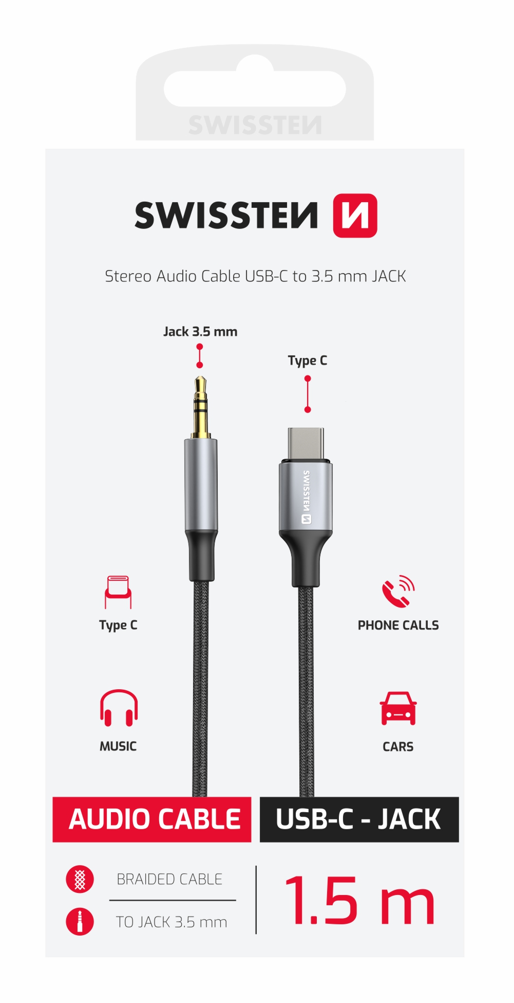 Swissten Textile audio adaptér USB-C/3,5mm Jack 1,5 m, černý