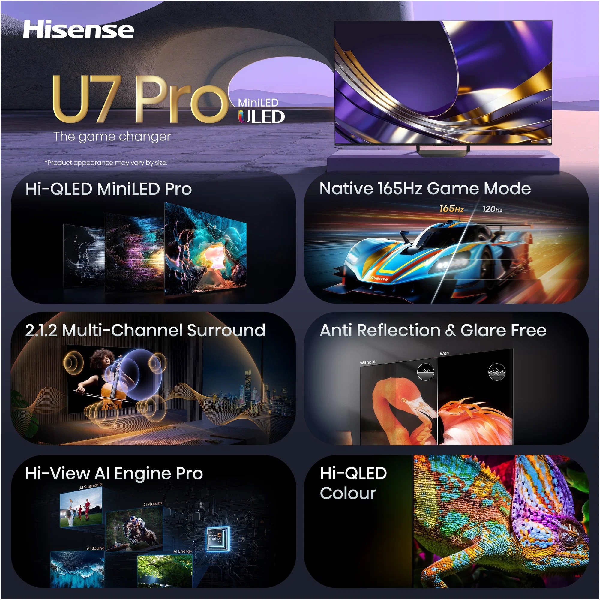 Televízor HISENSE 65U7S PRO Mini LED, 65"/165 cm, 4K Ultra HD, 120 Hz (165 Hz), HDR10+, lokálne stmievanie, DVB-T2/S2/C