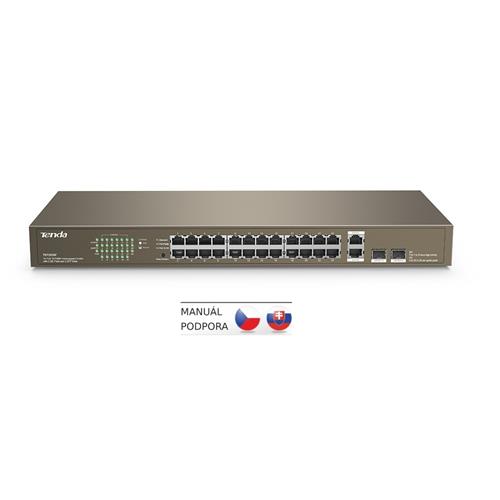 Tenda TEF1026F - 24x RJ45 + 2x Uplink Gigabit Combo SFP/RJ45, Fanless-bez ventilátorů,Rackmount,VLAN