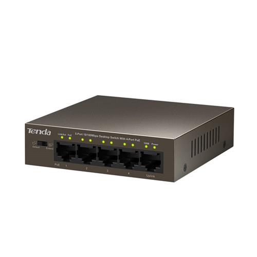Tenda TEF1105P-4-63W PoE AT switch 4x PoE 802.3af/at, 5x 100Mbps, PoE spolu 63W, bez ventilátora, PoE+