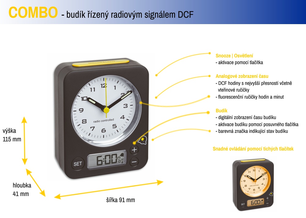 TFA 60.1511.01.07 COMBO - analógový budík s rádiom riadeným časom