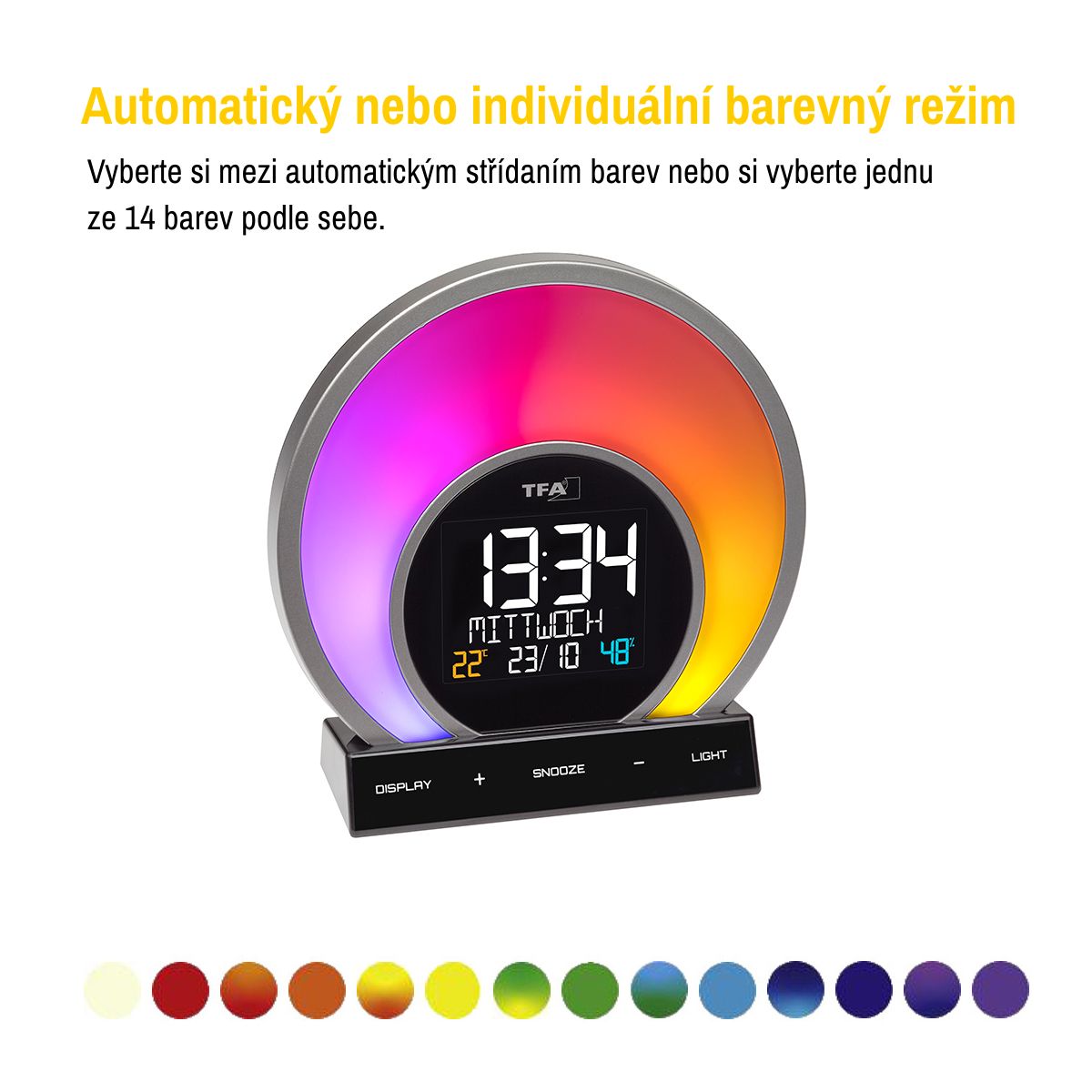 TFA Digitálny budík s farebným podsvietením, teplotou a vlhkosťou SOLUNA TFA60.2026.01