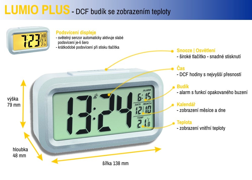 TFA rádiom riadený digitálny budík s možnosťou podsvietenia 60.2553.02 LUMIO PLUS - farba biela TFA60.2553.02