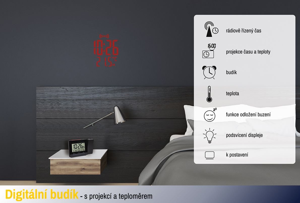 TFA Rádiom riadený digitálny budík s projekciou, zobrazením vnútornej teploty a podsvieteným displejom TFA60.5016.01