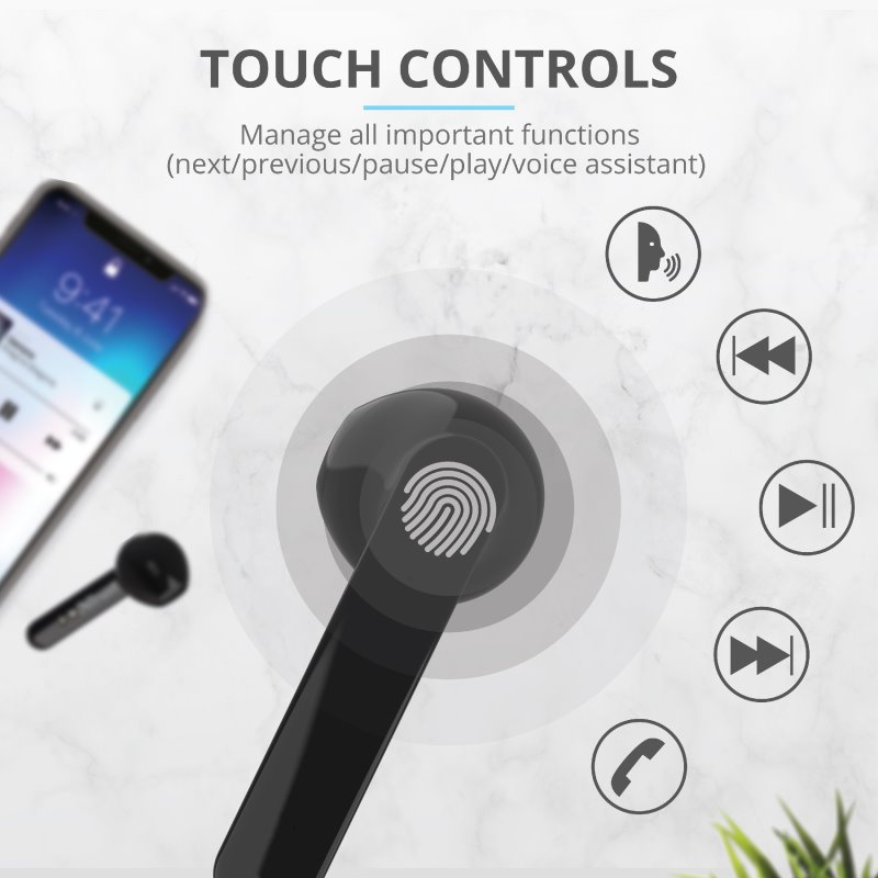 Trust Primo Touch Bluetooth Wireless Earphones, černá