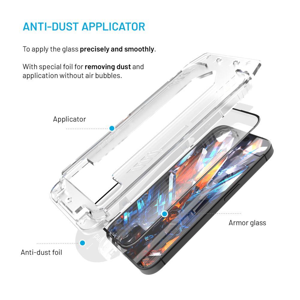 Ultra odolné tvrzené sklo FIXED Armor s Anti-dust aplikátorem a AR vrstvou pro Samsung Galaxy S24/S25, černé