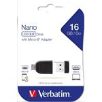 VERBATIM Flash Disk 16GB Store 'n' Stay NANO + micro USB OTG adaptér, USB 2.0, černá