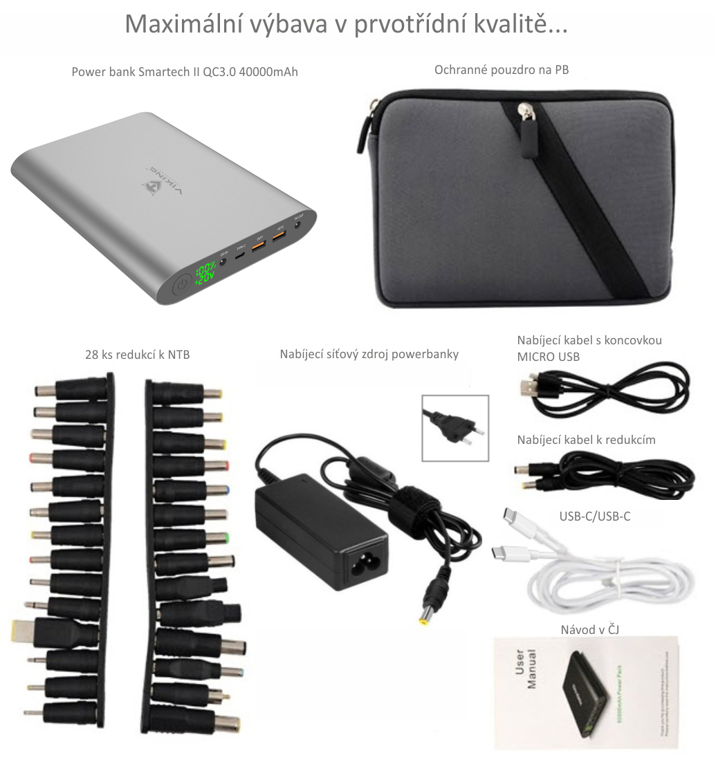 Viking notebooková power banka Smartech II Quick Charge 3.0 40000mAh, šedá
