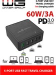 WG - Sieťová nabíjačka 5x USB 60W, 1x USB-A QC 3.0 + 3x USB-A Smart IC + 1x USB-C PD, čierna