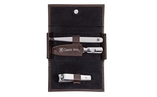 Zwilling BT Classic Inox manikúra 3 ks kůže hnědá (pinzeta, pilník, štípátko)